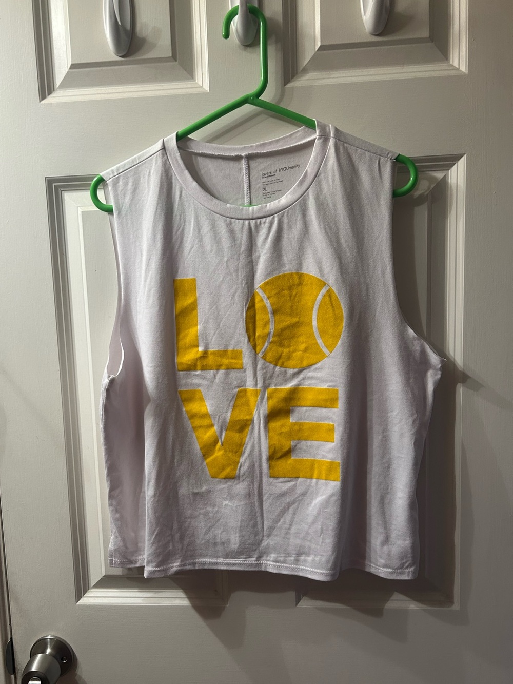 White Sleeveless Tank with Yellow LOVE Tennis Graphic workout tank.